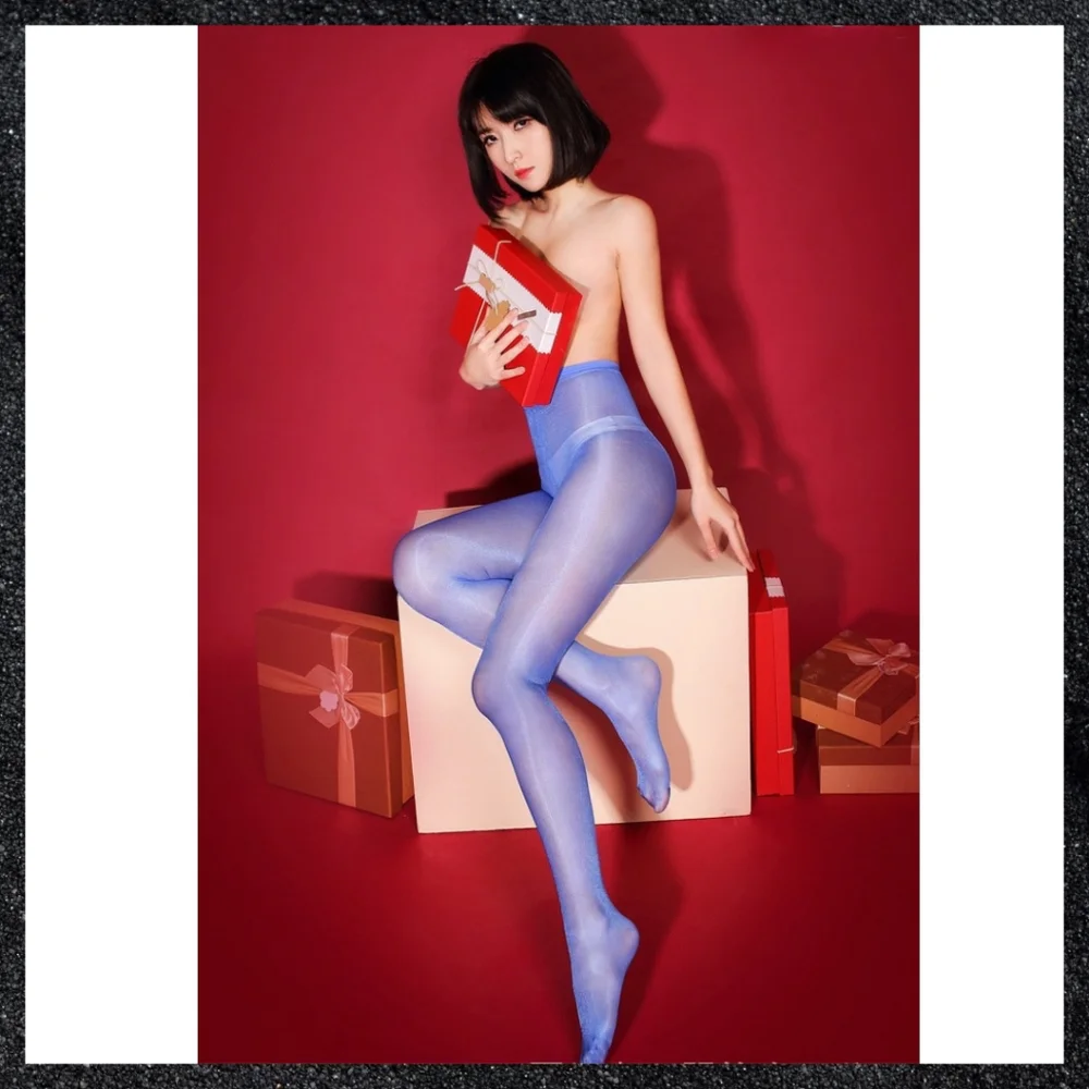 Blue Shiny Crotchless High Waisted Pantyhose
